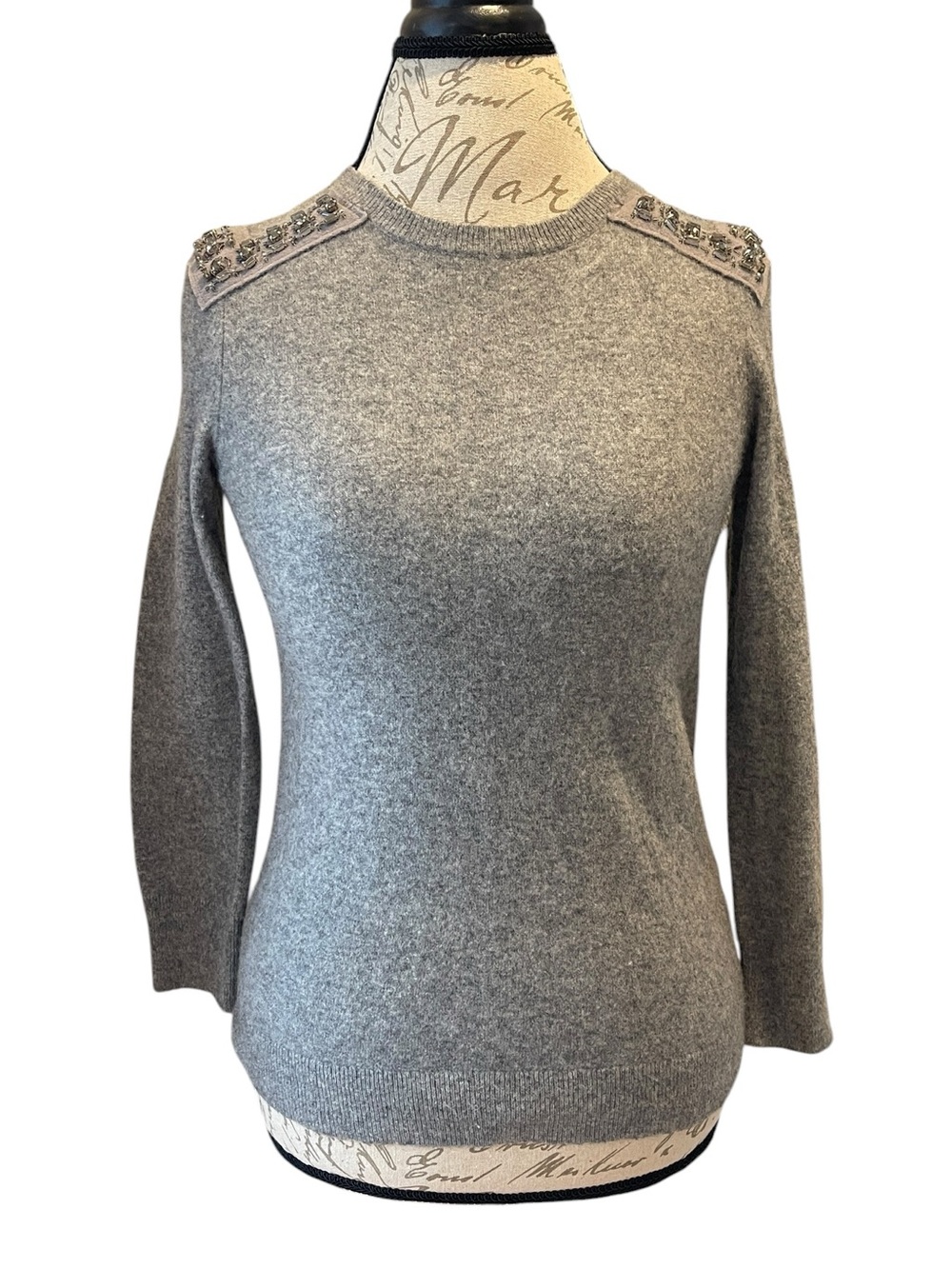 J. Crew Gray Jeweled-Shoulder Crewneck Cashmere Sweater